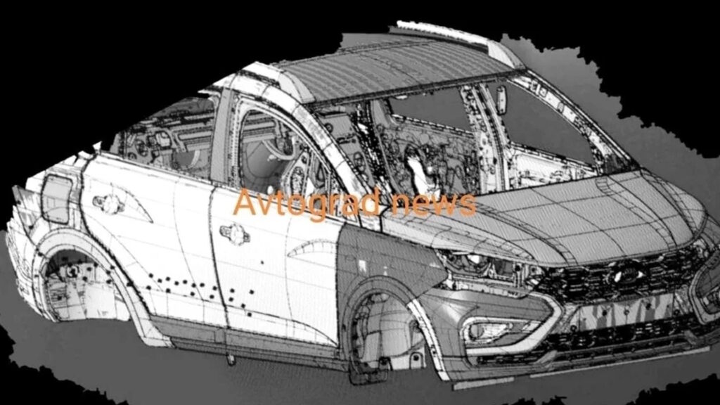 Кузов новой Лады Гранты в кузове универсал (вид спереди) - скриншот из компьютерной среды проектирования