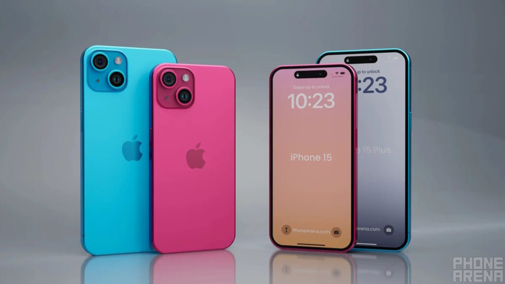 iPhone 15 с корпусами розового и голубого цвета